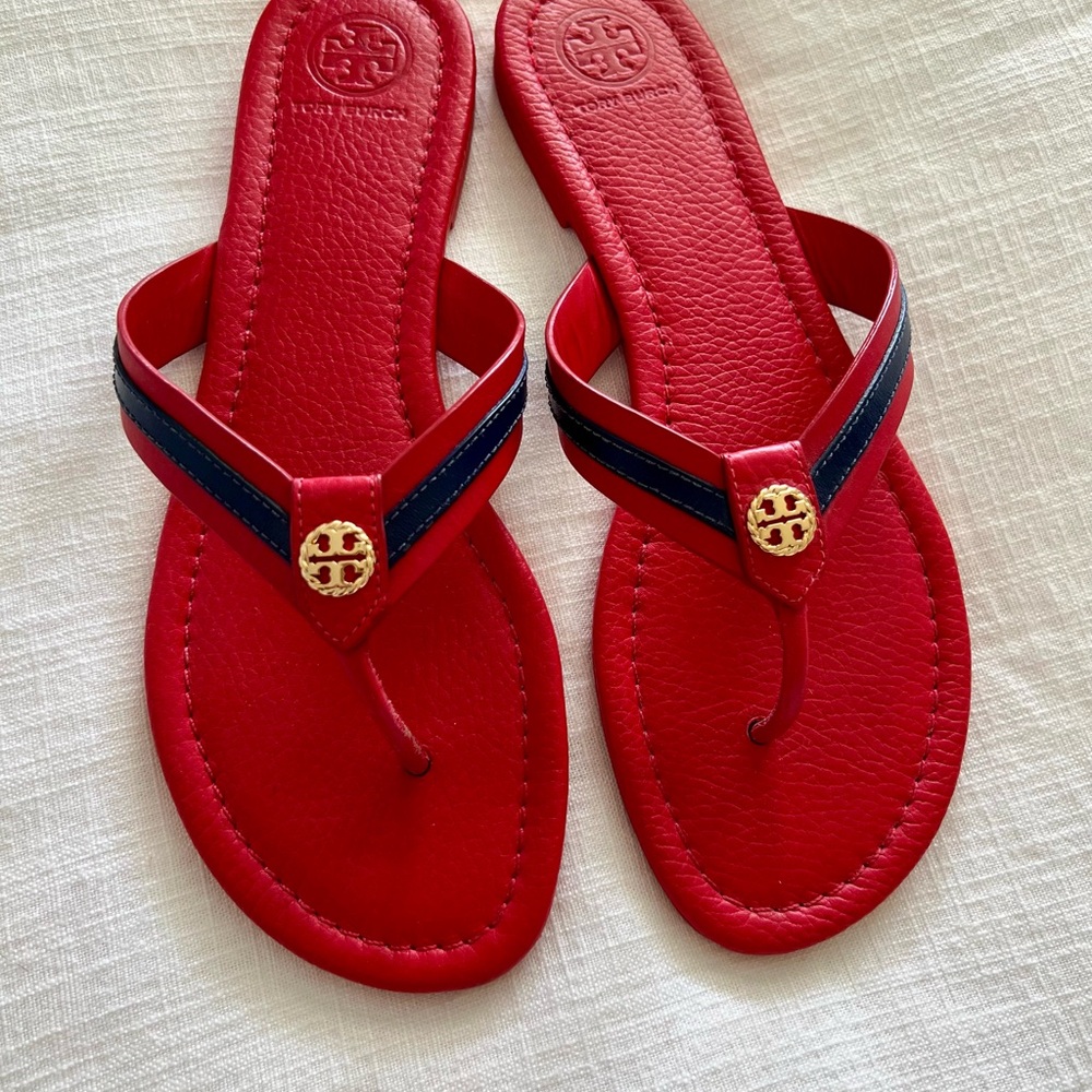 Tory Burch Red Leather Thong Sandals with Navy Stripe and Gold Logo
